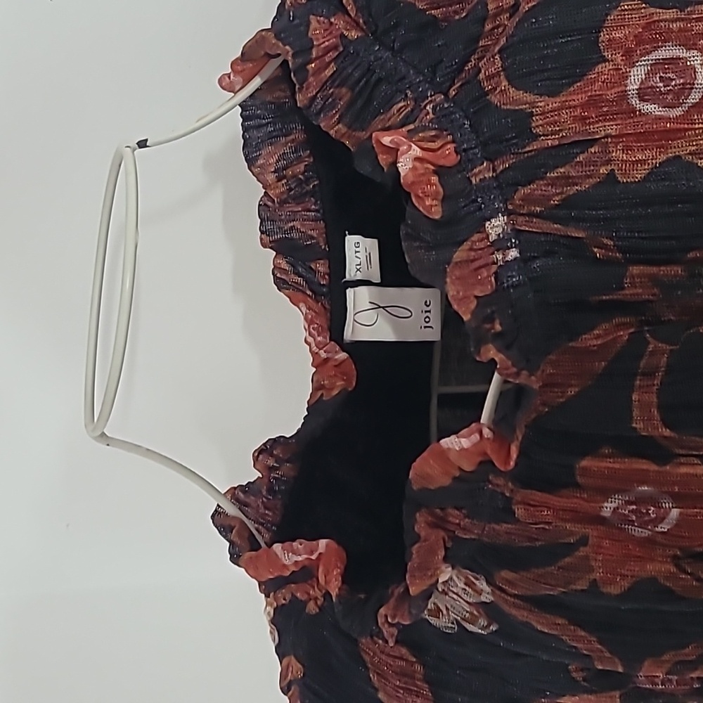 Joie Black/Rust Print Elastic Waist Sheer Sleeve Top Size XL - Picture 4 of 6